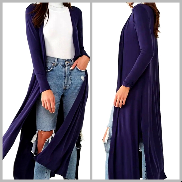 Navy Long Open Cardigan - Picture 2 of 2